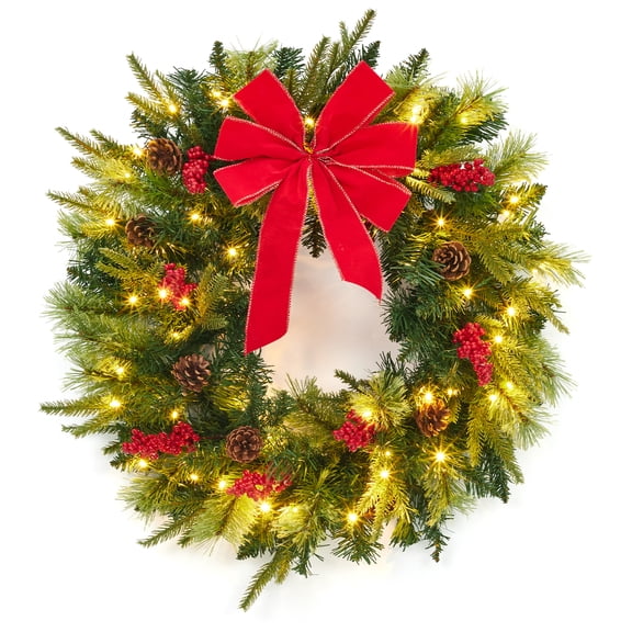 24-Inch Pre-Lit Christmas Wreath with 50 Warm White LEDs, Red Bow, Pine Cones & Berries – Weather-Resistant Artificial Spruce Holiday Decor for Indoor/Outdoor Front Door, Green