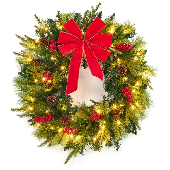 PIONEERWORKS  24-Inch Prelit Christmas Wreath with 50 LED Lights, Large Red Bow, Pine Cones, Berries, Artificial Spruce, Weather-Resistant, Battery Operated with Timer, Perfect Outdoor Winter Decor