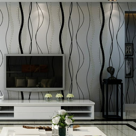 Stripe Wallpaper Double Roll - Mrosaa 3D Crescent Wave Stripes Non-woven Flocking Embossed Wallpaper Rolls, 394