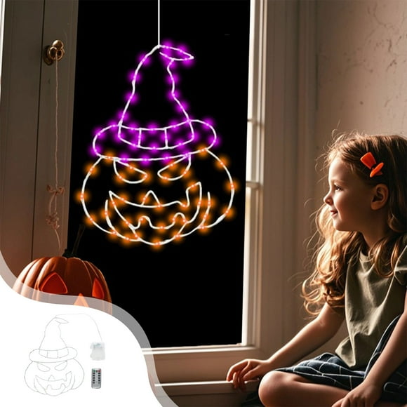 Sombrero de Halloween brillante forjado en hierro con forma de calabaza, luces para ventana con ocho modos de iluminación y control remoto.