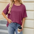thumbnail image 2 of Camiseta informal de mujer de color liso, cuello redondo y manga corta holgada - Poliéster, ropa de verano - Tallas S-XXL, estampado, 2 of 7