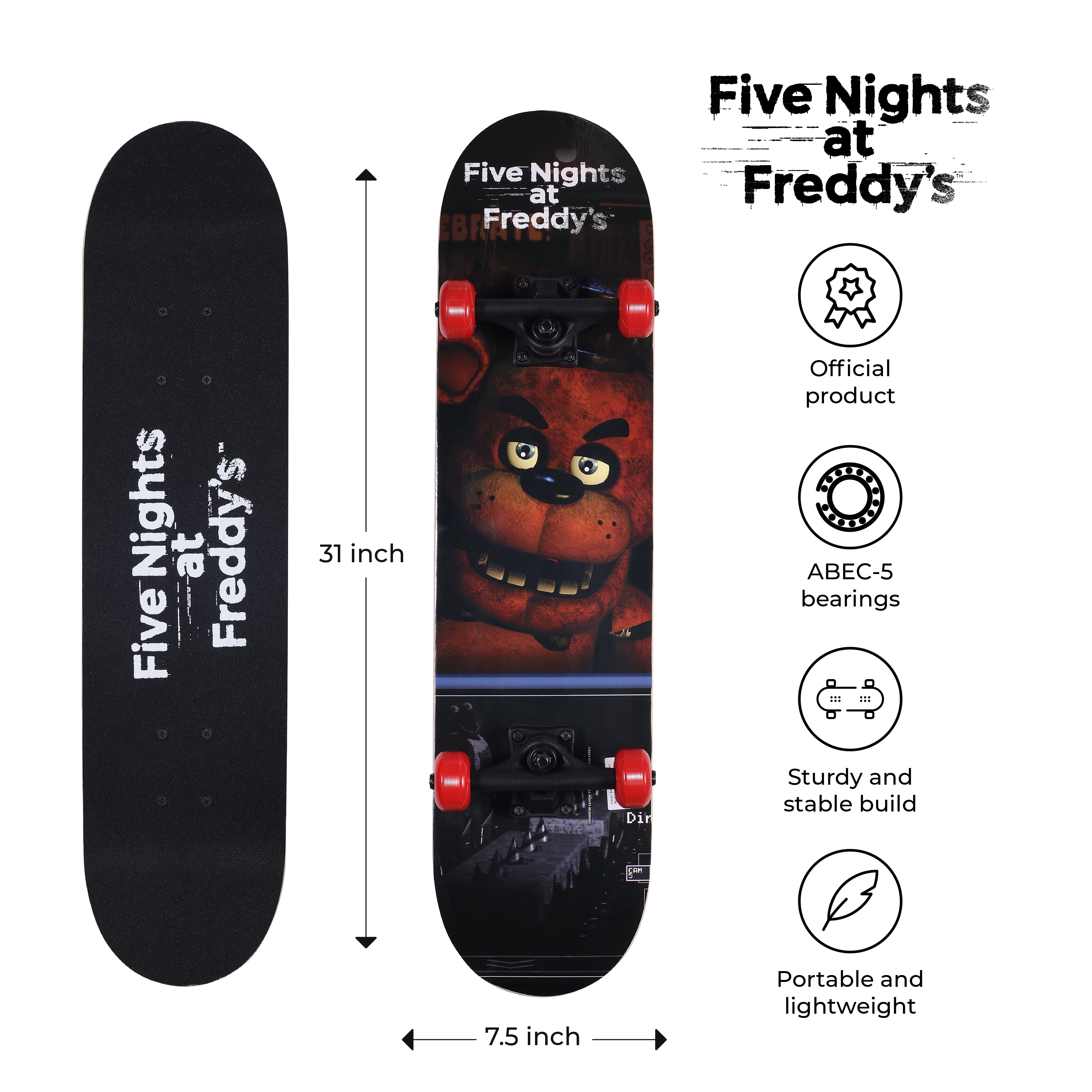 Five Nights at Freddy's 31" Complete Skateboard, Brown Bear, 50mm X 30mm Wheels, for Kids Ages 5+
