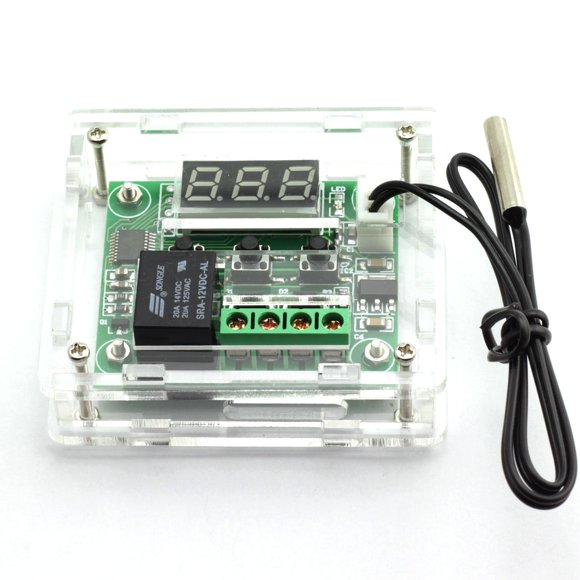 E-outstanding Controlador de temperatura DC 12 V Termostato digital de temperatura de refrigeración/calefacción -50-100 grados Módulo de interruptor controlado W1209 + Caja acrílica