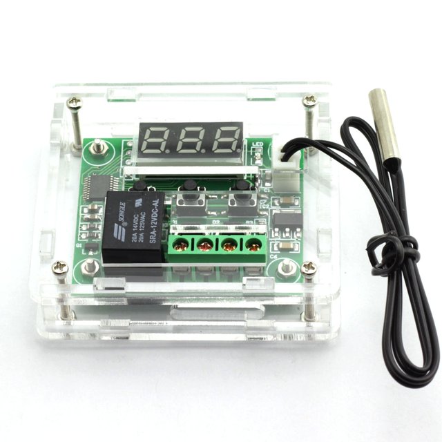 E-outstanding Controlador de temperatura DC 12 V Termostato digital de temperatura de refrigeración/calefacción -50-100 grados Módulo de interruptor controlado W1209 + Caja acrílica