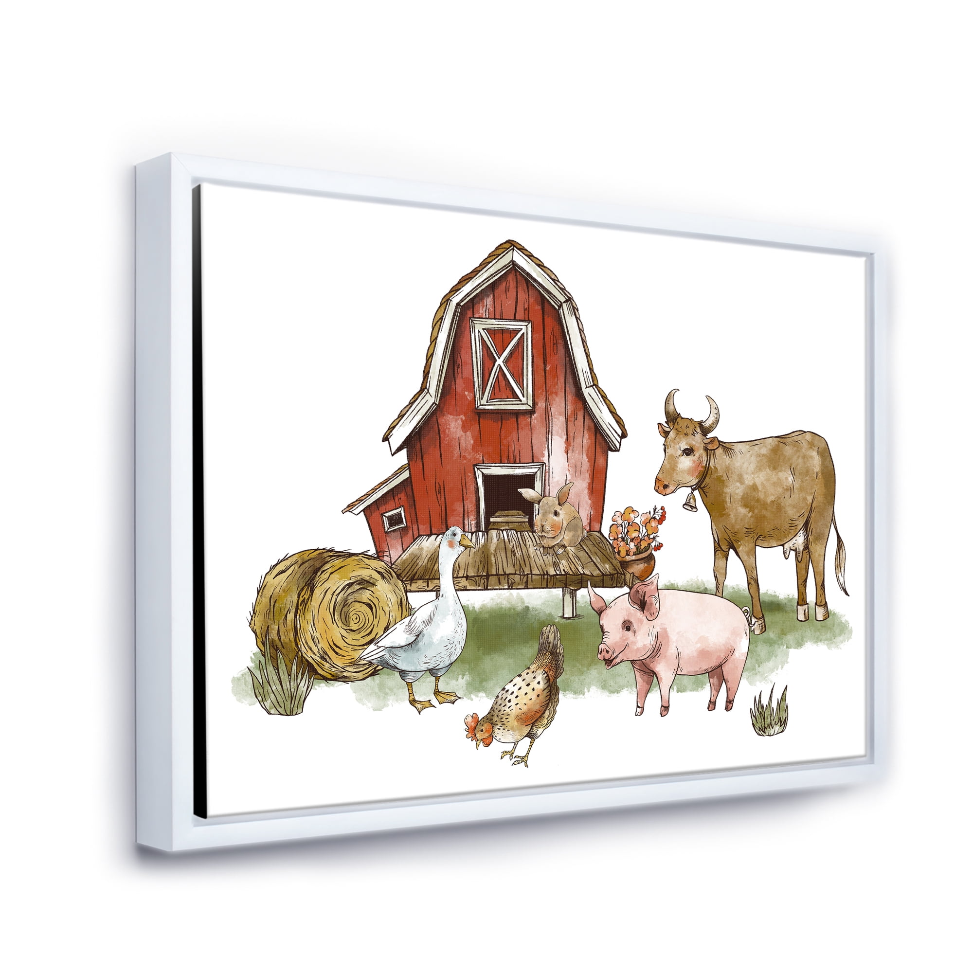 Designart 'Farm House With Goose Cow Pig Chicken and Haystack' Rustic Framed Canvas Wall Art Print