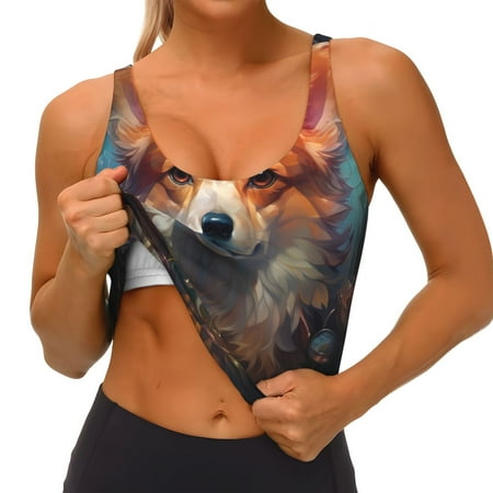 Qokaie Cartoon Pattern Corgi Pattern Womens Scoop Neck Sports Bra Breathable Workout Vest Padded U Back Medium Impact Fitness Gym Yoga Bra Workout Crop Top