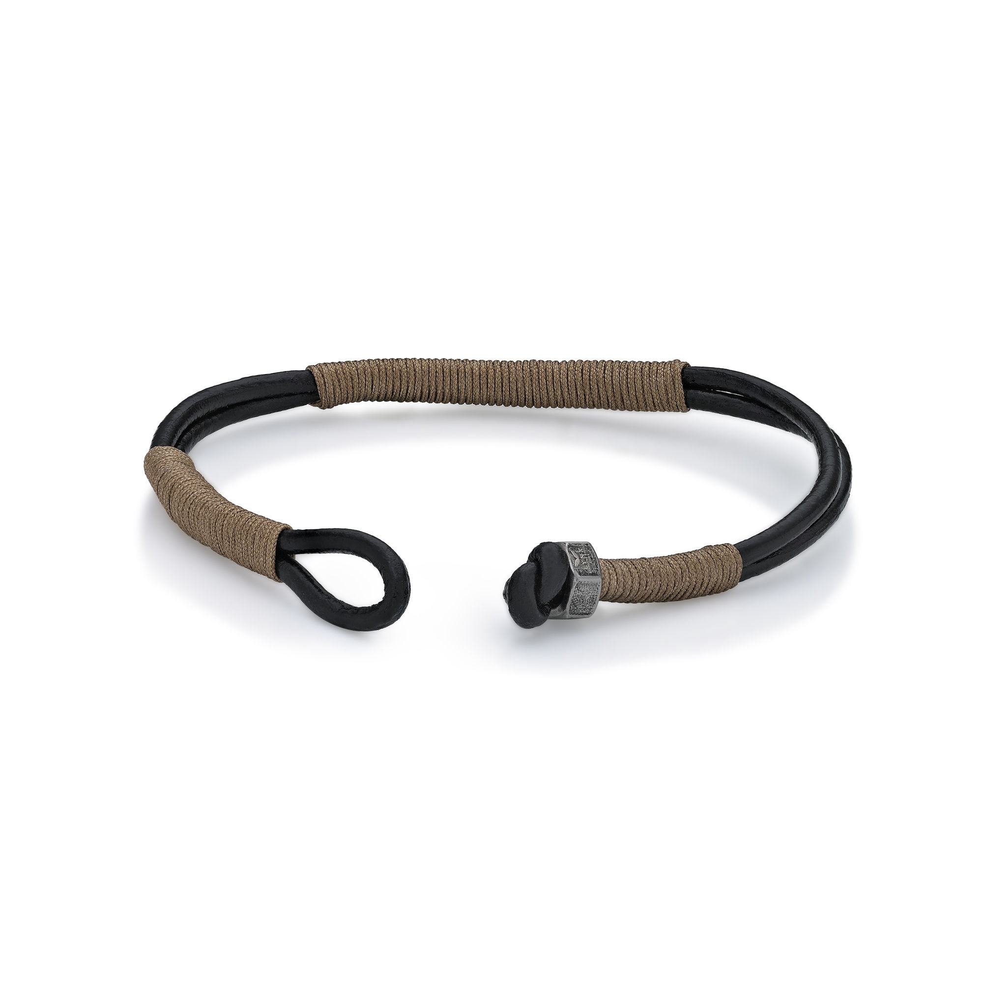 Metro Jewelry 8.5 Inches Long Beige Cord Wrapped Bracelet for Men with Thin Smooth Dual Band Genuine Leather 6 mm Wide Specialty Lock
