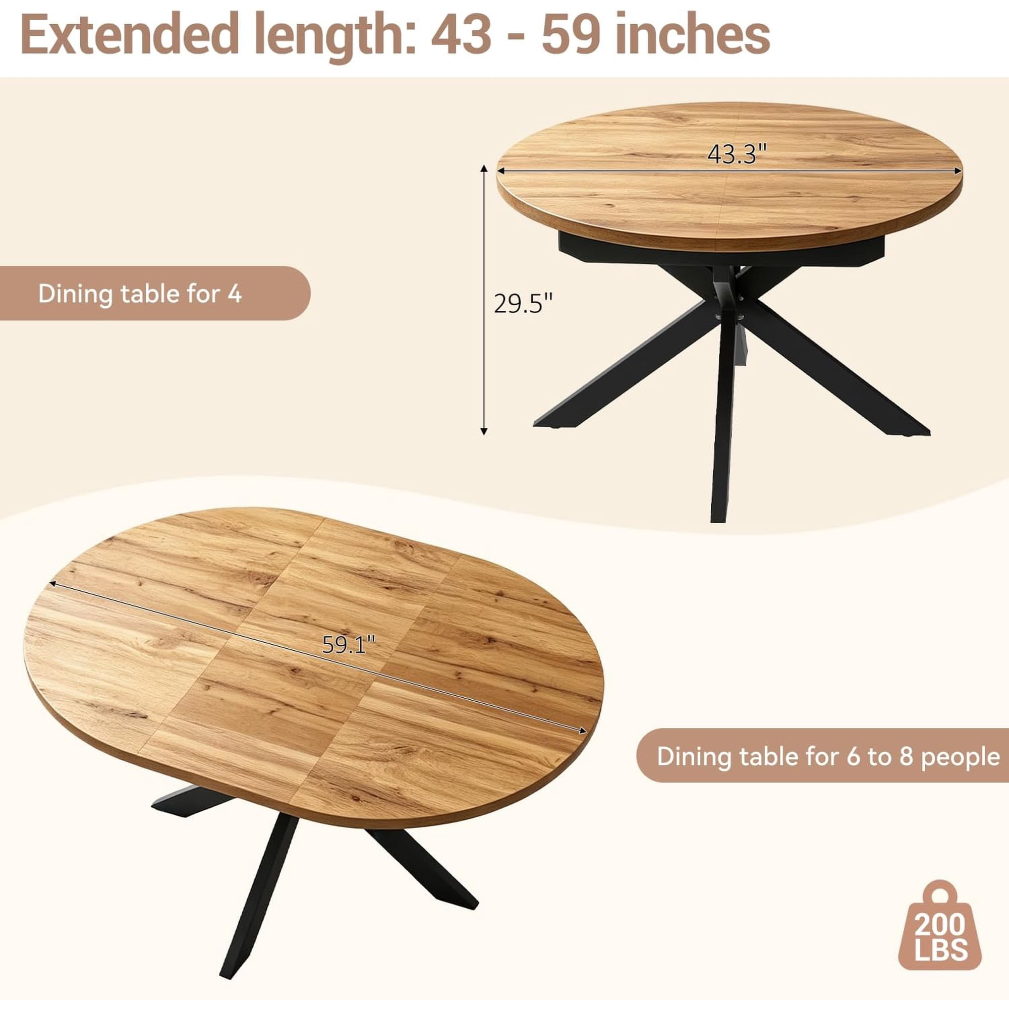 43 -59 Extendable Dining Table for 4-6 Heavy Duty X-Leg Table
