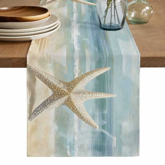 Boho Coastal Beach Table Runner, Vintage Ocean Wave Starfish Washable Cotton Linen Table Runners 120 Inches Long, Dresser Scarf Runner for Dining/Living Room/Kitchen/Square Tables 13''x120''