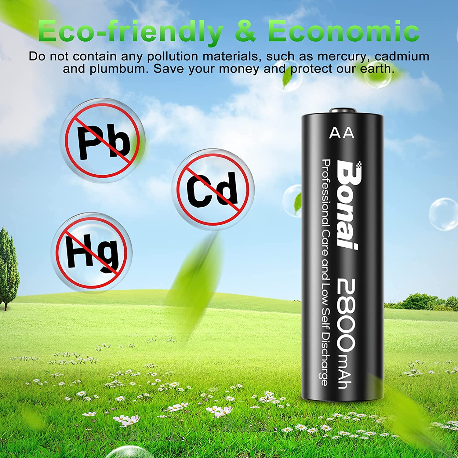 BONAI AA Rechargeable Batteries High-Capacity 2800mAh 1.2V NiMH Battery Low Self Discharge Pre-Charge Double AA Battery 24 Pack