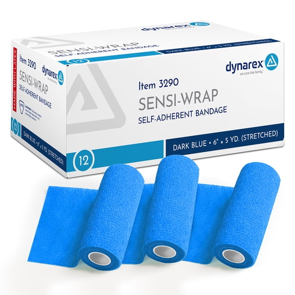 Dynarex Sensi-Wrap Self-Adhesive Bandages, 12-Pack, 6" x 5 yards, Dark Blue, Latex, Colored Elastic Cohesive Athletic Tape, Tattoo Grip & Vet Wrap