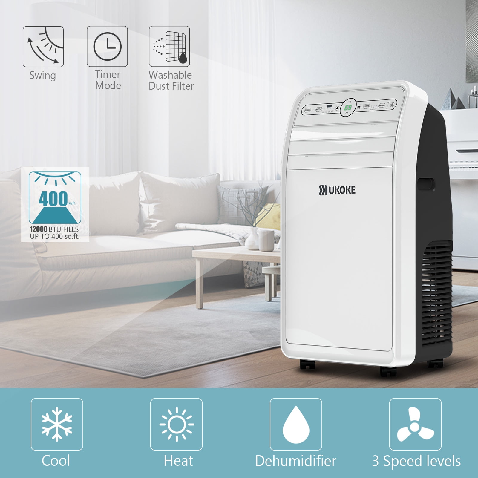 Ukoke USPC01W 11500 BTU Portable Air Conditioner, 4-in-1 AC Unit with Heat, Cool, Dehumidifier and Fan, Smart Room Cooler for 400 Sq. Ft, White.
