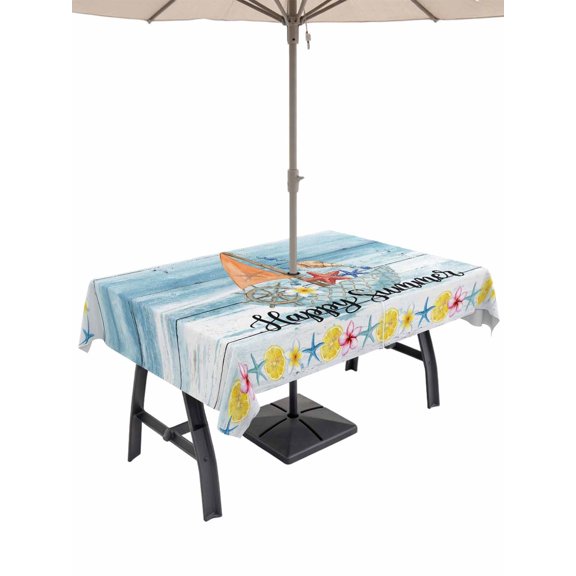 Outdoor Tablecloth with Umbrella Hole for Patio/Picnic/Party/Camping, Summer Nautical Waterproof Table Cloth Rectangle Table Cover Washable, Happy Summer Coastal Blue Wooden (60"x 120")
