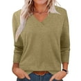 thumbnail image 3 of Oksale V Neck Tops for Women Stretch Cotton Spandex Long Sleeve Shirts Soft Cozy Fitted T ShirtsSolid Color Basic Tops Khaki 2XL, 3 of 8