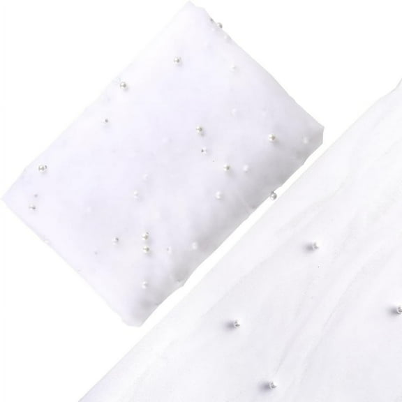 4 Yards x 160cm Pearl Beaded Tulle Fabric White Lace Fabric Soft Mesh Net Table Cloth for Bridal Veil Party Dresses Bows Making DIY Sewing Crafts Home Backdrop Wedding Arch Decorations
