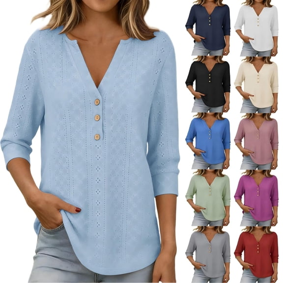 Tqcoqu 3/4 Length Sleeve for Women Tops Dressy Casual Shirts V Neck Summer Blouses with Buttons Trendy Clothes,Hot Pink,Women's S-XXXXXL