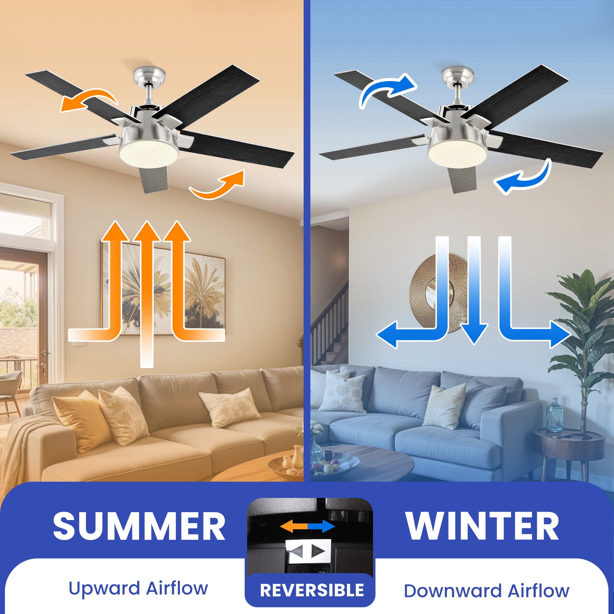 ModFusion 52in Modern Black & Silver Ceiling Fan, 6 Speeds, Quiet Air Reversible Motor, Dimmable LED