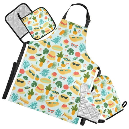 Hat Sunglasses Leaf Pineapple 5 Pcs Kitchen Set Heat Resistant Oven Mitts and Non-Slip Pot Holders with Adjustable Cooking Apron