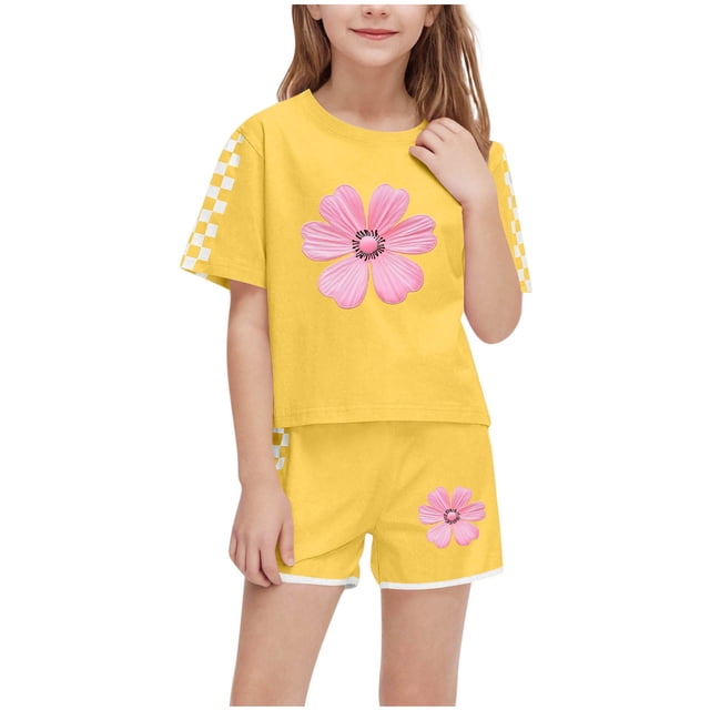 Zpanxa Ensembles d'Été pour Filles Mode Décontractée Manches Courtes Col Rond Col Bouton Imprimé Ensembles de Shorts 7 Ans