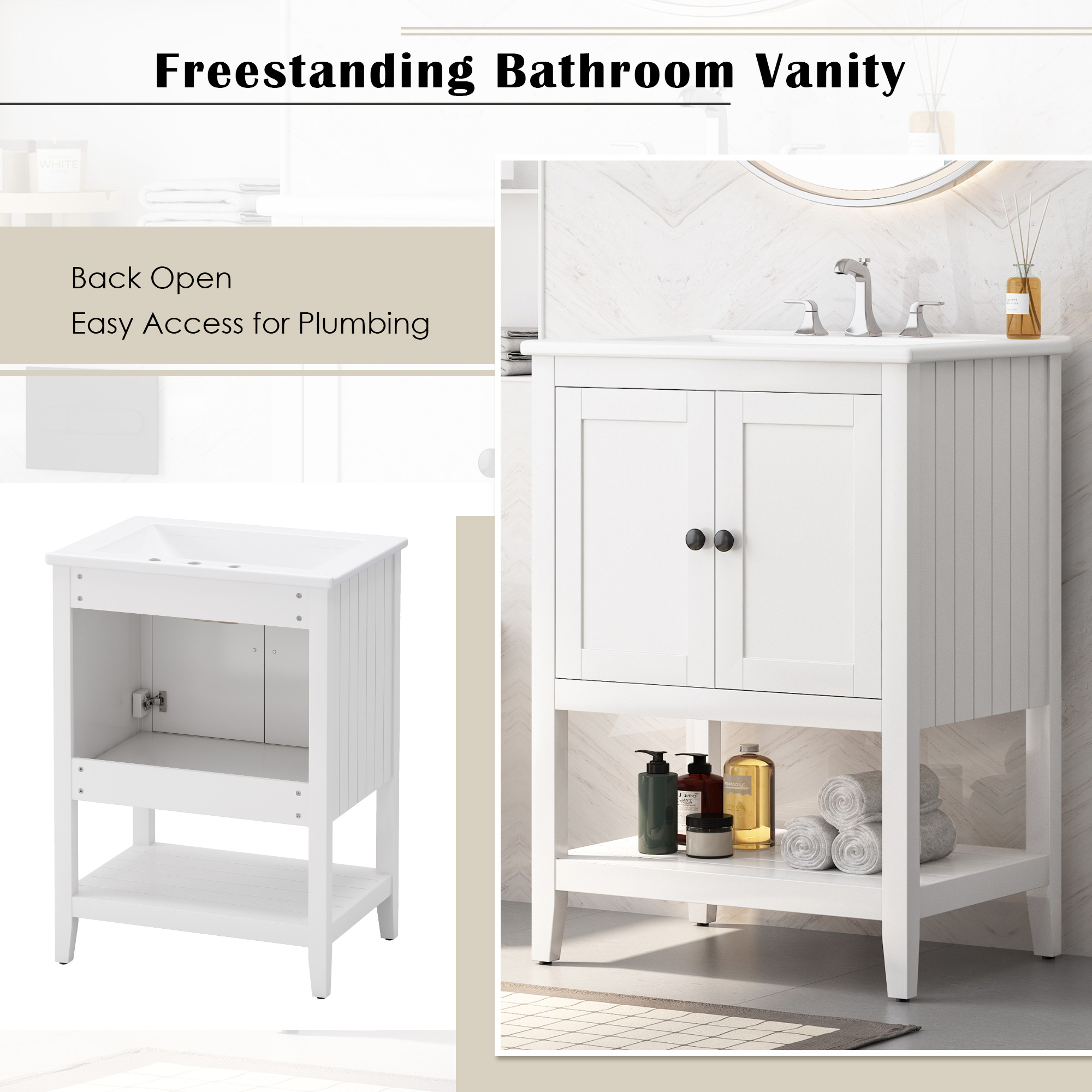 Euroco 24" White Modern Sleek Bathroom Vanity Elegant Ceramic Sink with Solid Wood Frame Open Style Shelf