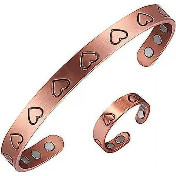 Heart Shape Magnetic Copper Jewelry Sets, Copper Wristband Rings Set for Women, Adjustable Health Jewelry Set