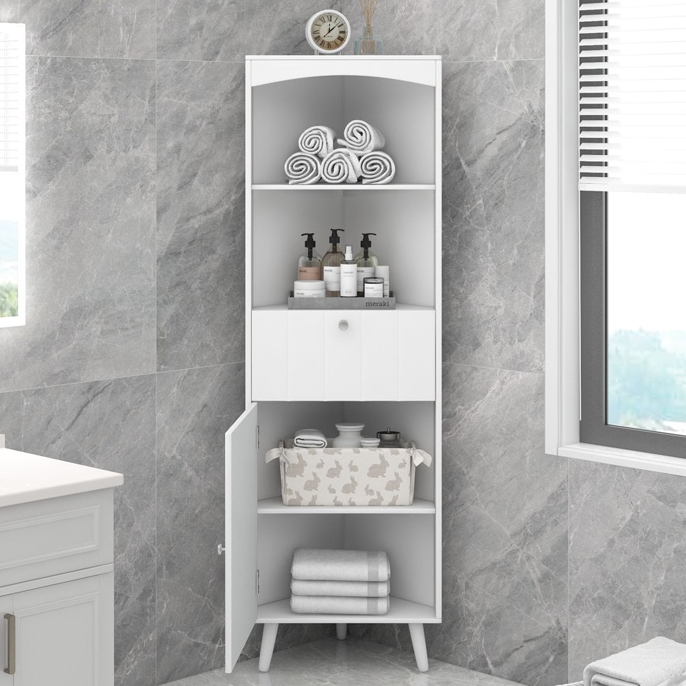 Hassch 63" Tall Bathroom Storage with Drawer, Wooden Corner