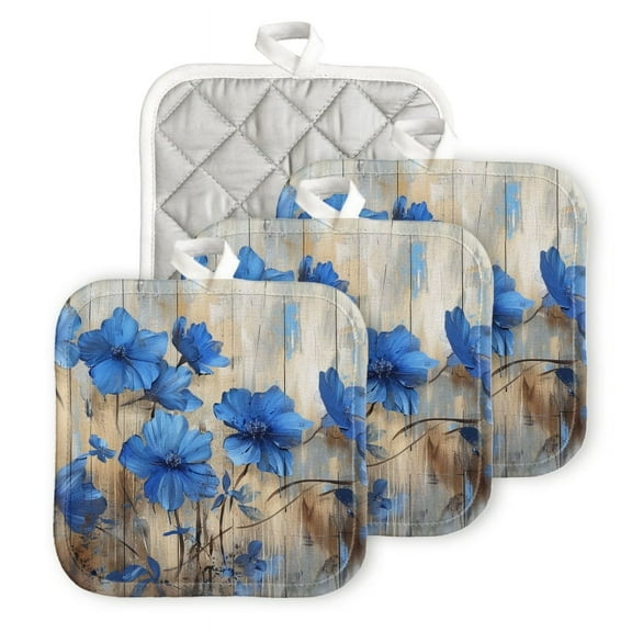 BaHomeck Pot Holders 4pcs dacron Made Square heat-resisting mat Machine Washable for Kitchen Oven Hot Pads 6.7inch*6.7inch,Small Blue Flowers Were Painted On The Old Wooden Board