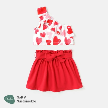 

PatPat 2pcs Baby Girl Allover Love Heart Print Naia One Shoulder Ruffle Trim Tank Top and Solid Belted Skirt Set
