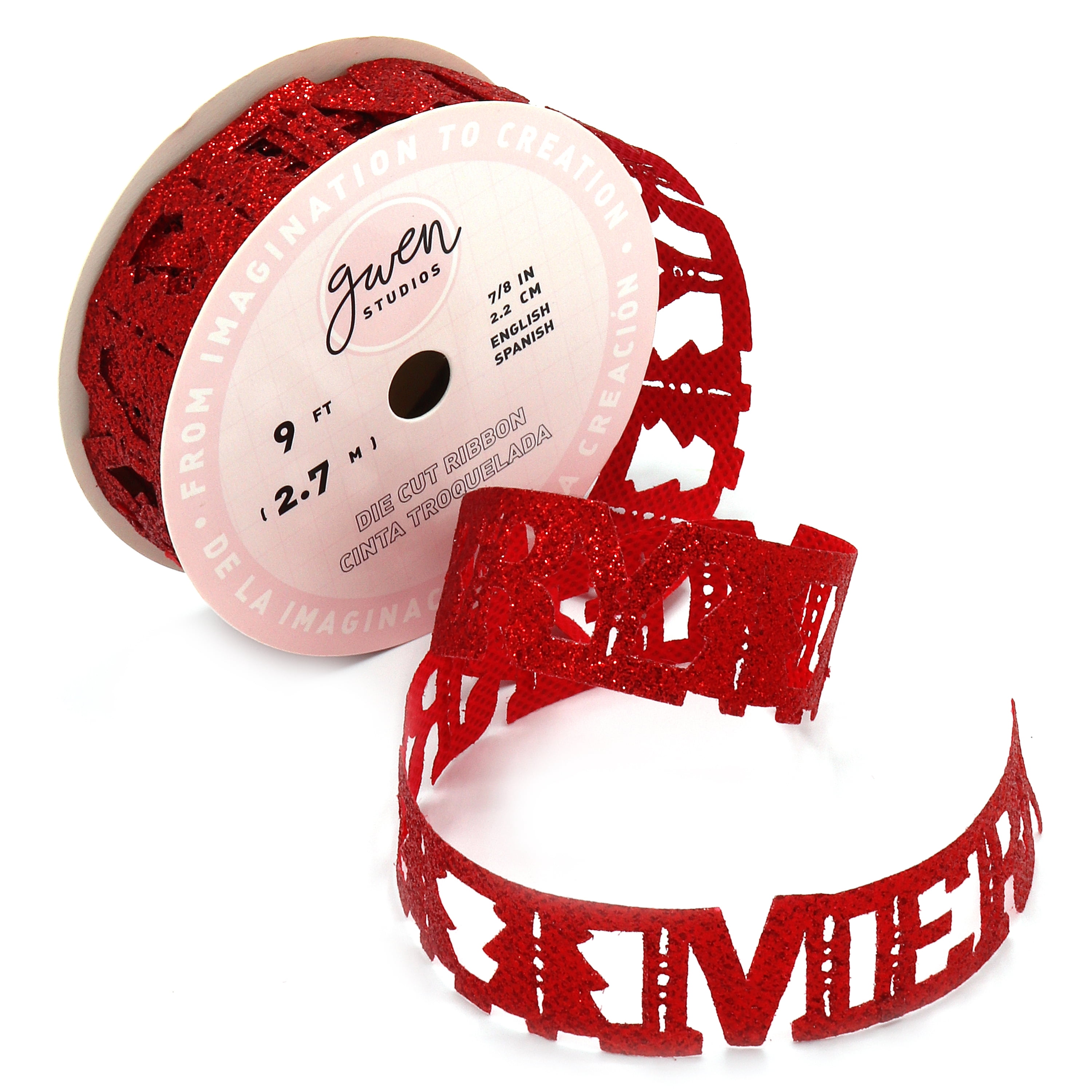 Red Die Cut Christmas Ribbon, 'Merry' Words, 7/8" x 12 Yards by Gwen Studios