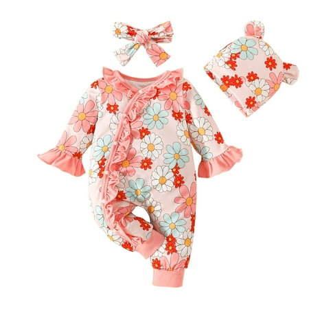 

Ahdbta Infant Girl Button Down Bodysuit Flare Long Sleeve Ruffle Crewneck Romper Cute Print Jumpsuits with Hairband and Hat