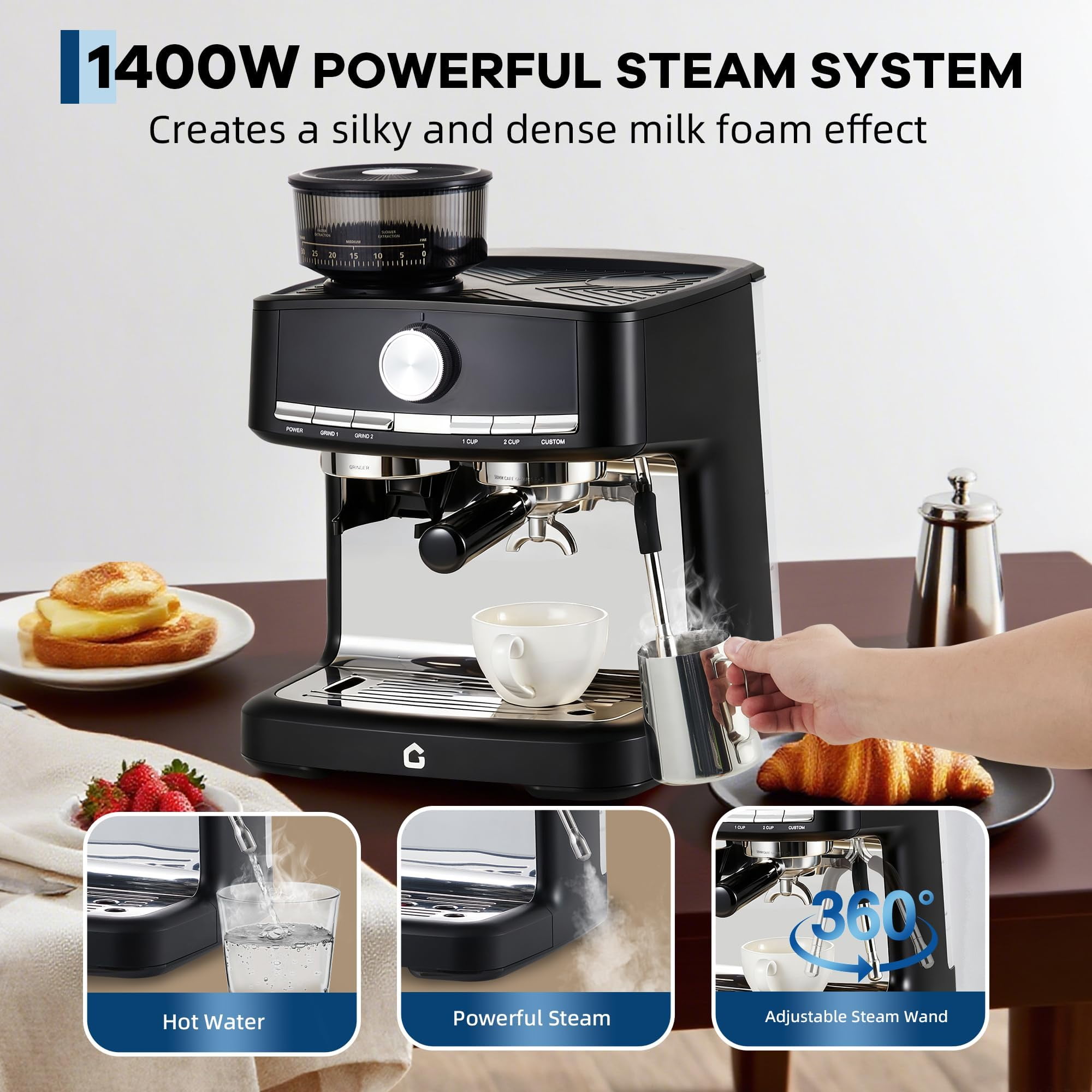 Soonbuy 20 Bar Pressure Espresso Machine, with Grinder & Milk Frother, 1.5L Removable Tank, Adjustable Shot Volume, Professional Stainless Steel Coffee Maker, for Home and Office