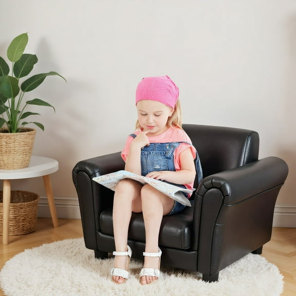 GVN Black Kids Single Armrest Couch Sofa with Ottoman, Bedroom Chair for Kids