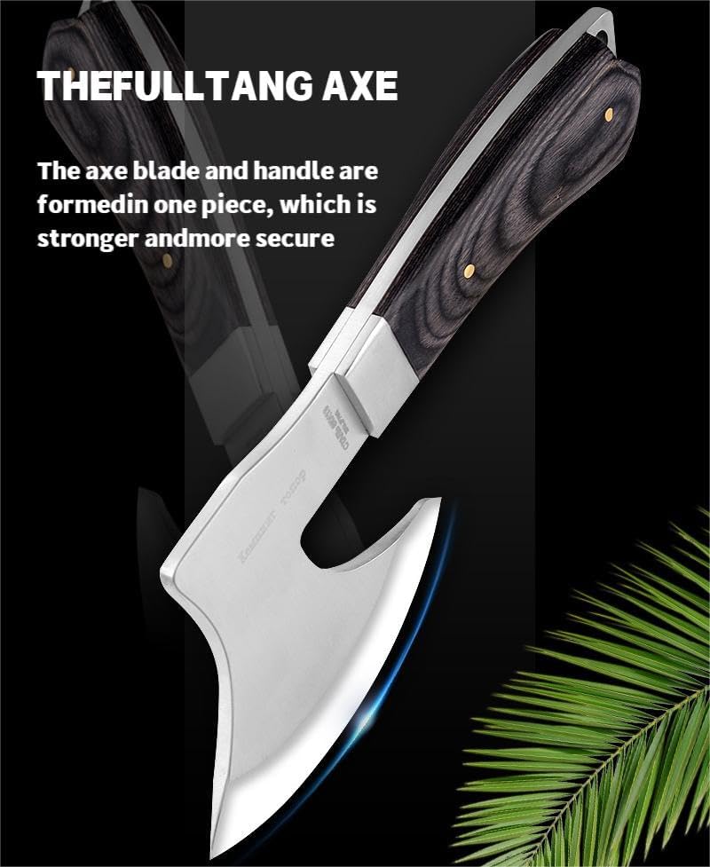 8.5" Camping Hatchet Axe with Nylon Sheath,Small Tomahawk Viking Forged High Carbon Steel for Full Tang Wooden Grip,Portable Outdoor Splitting Wood,Hunting Survival