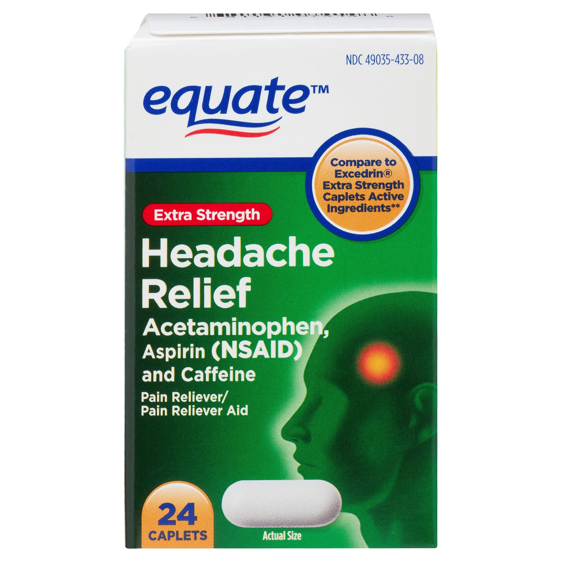 (6 pack) Equate Extra Strength Headache Relief Caplets with Acetaminophen, Aspirin, and Caffeine, 24 Count