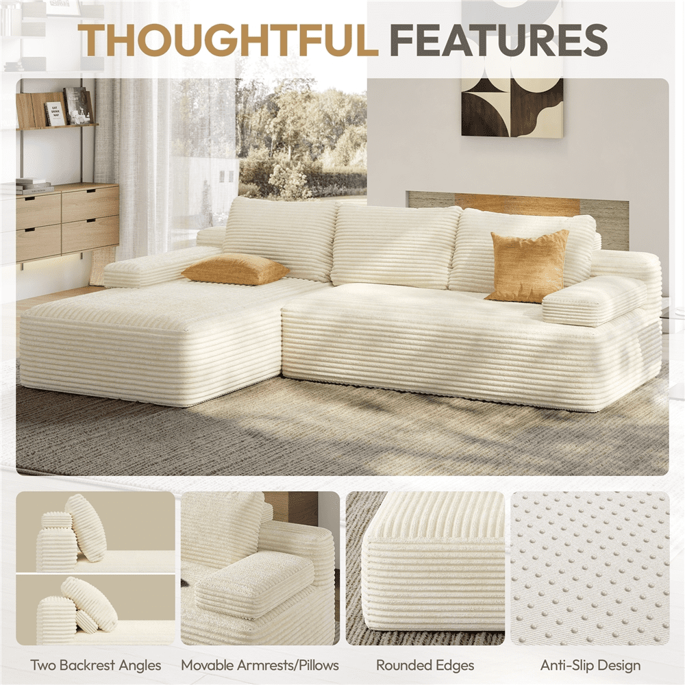 Renwick 110" L-Shaped Cloud Couch, Boneless Corduroy Sectional Sofa with 3 Detachable Pillows for Livingroom, Beige