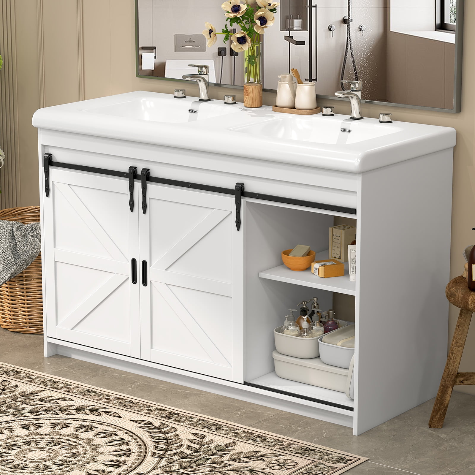 Jarbalai 47" Freestanding Bathroom Vanity with Double Ceramic Basin and Sliding Doors, White