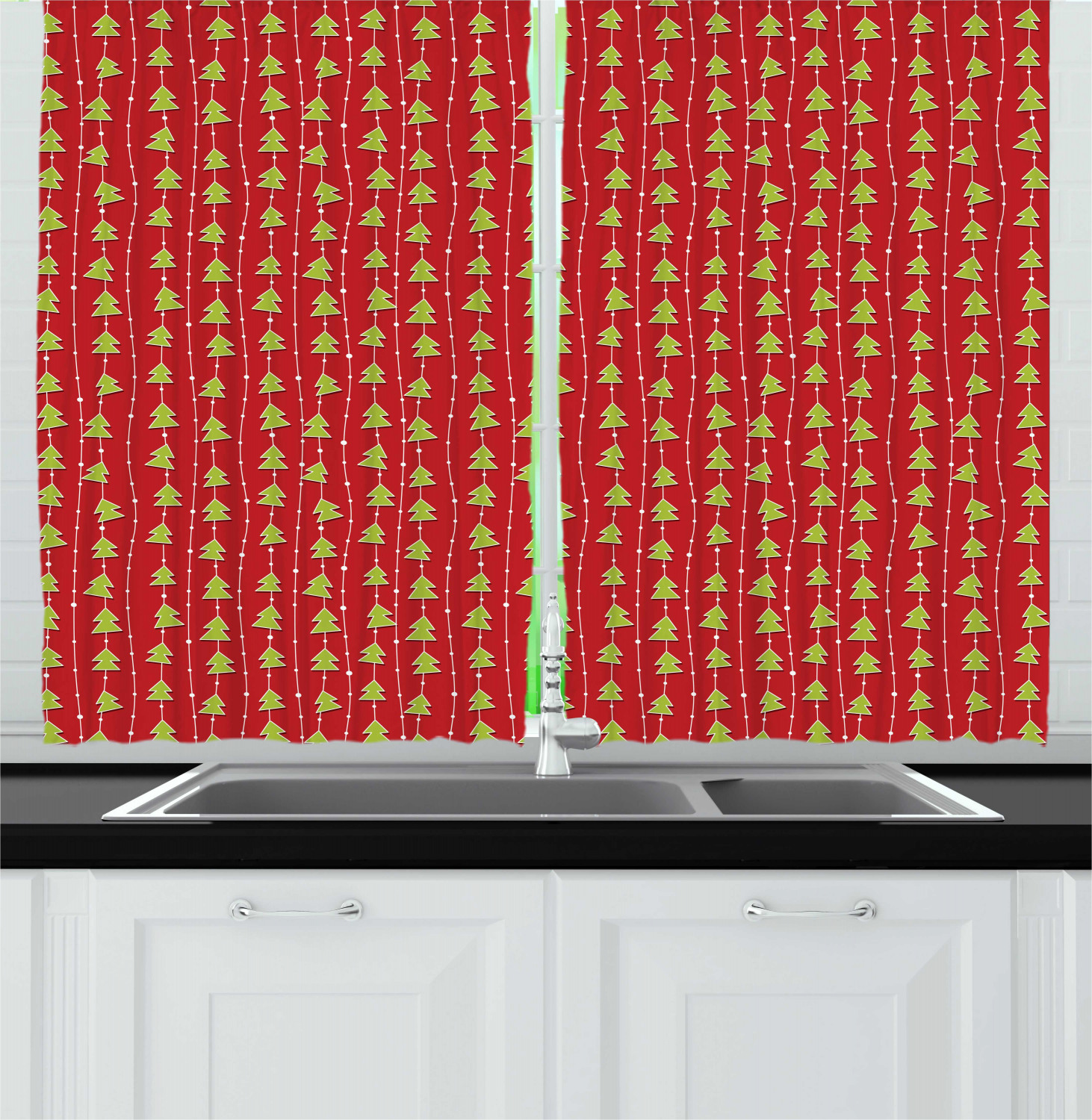 Christmas Curtains 2 Panels Set, Coniferous Tree of New Year's Eve Line