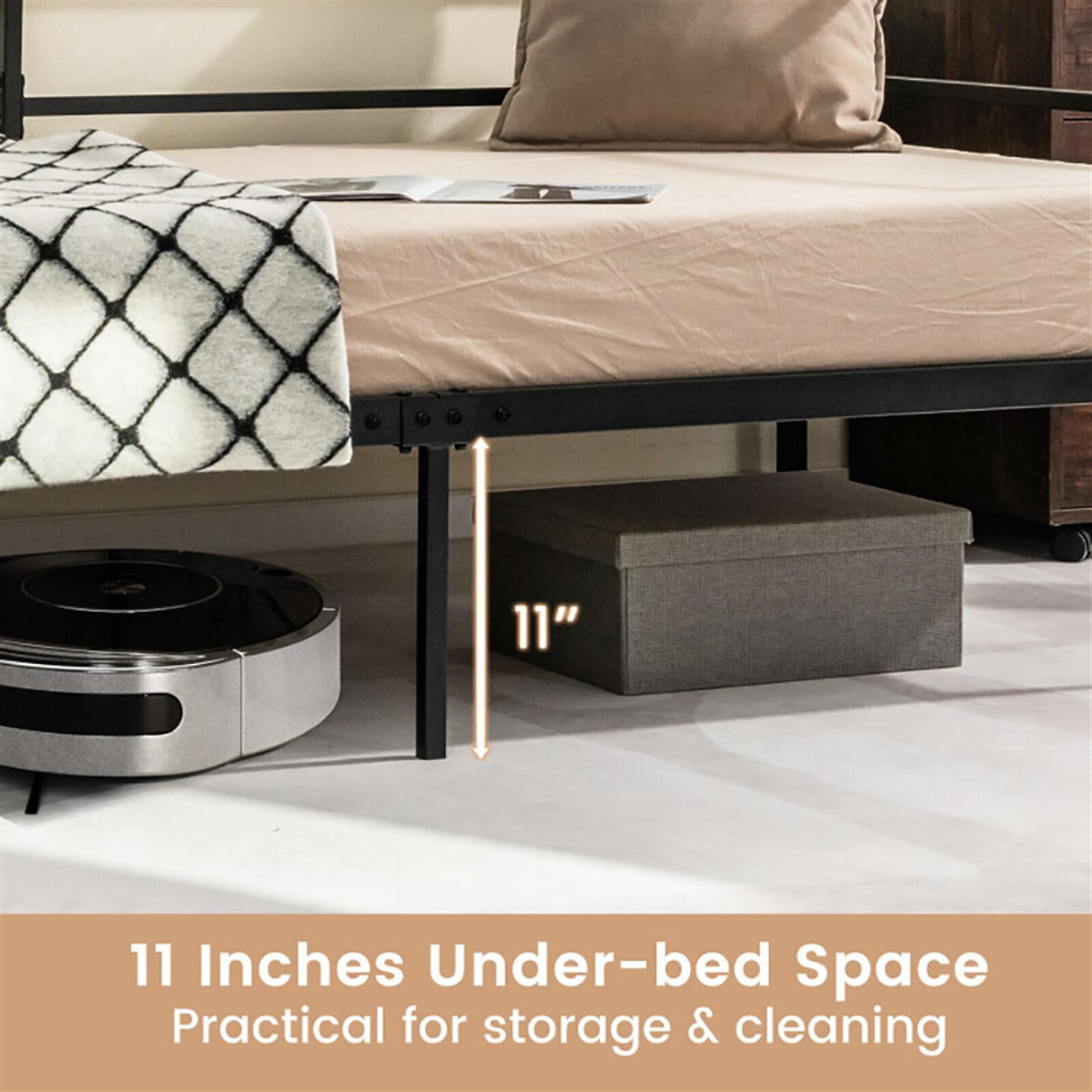 Demi Bonn Twin Size Metal Daybed Frame with Metal Slat Support and 3-Sided Guardrails, Modern Bed Frame for Teens, Black