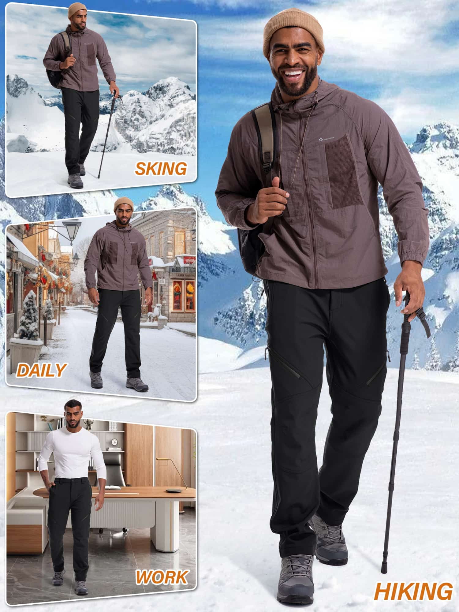 FEN AI Ski Snow Pants Men Fleece Lined Cargo Pant for Hiking Outdoor Insulated Winter Warm Softshell Trousers Black