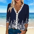 thumbnail image 4 of Blusa con escote en V y mangas 3/4 con ribete de encaje - Camisa de verano azul oscuro para mujer - Estilo casual ajustado, talla XL, 4 of 7