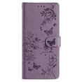thumbnail image 6 of for iPhone 15 Flip Case with Credit Card Slots, Flower Butterfly Embossed PU Leather Shockproof Cash Pocket Protective Wrist Strap Kickstand Wallet Case Cover for iPhone 15, Purple, 6 of 7