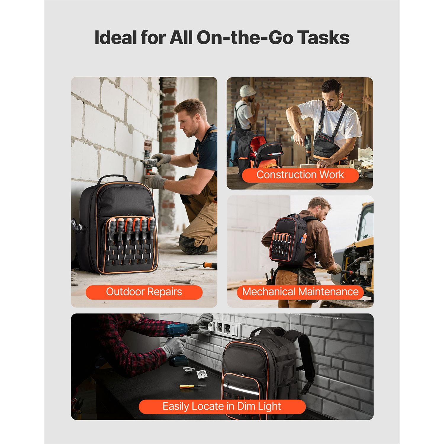 Tool Backpack 49 Pockets 600D Oxford Fabric 50 lbs Capacity with Laptop Compartment for Electrician Repairman