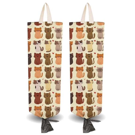 2Pcs Cat Plastic Bag Holder Grocery Bag Holder Dispenser with 4Pcs Adhesive Hooks Cute Cat Pattern Polyester Washable Reusable Wall Mount Storage Organizer