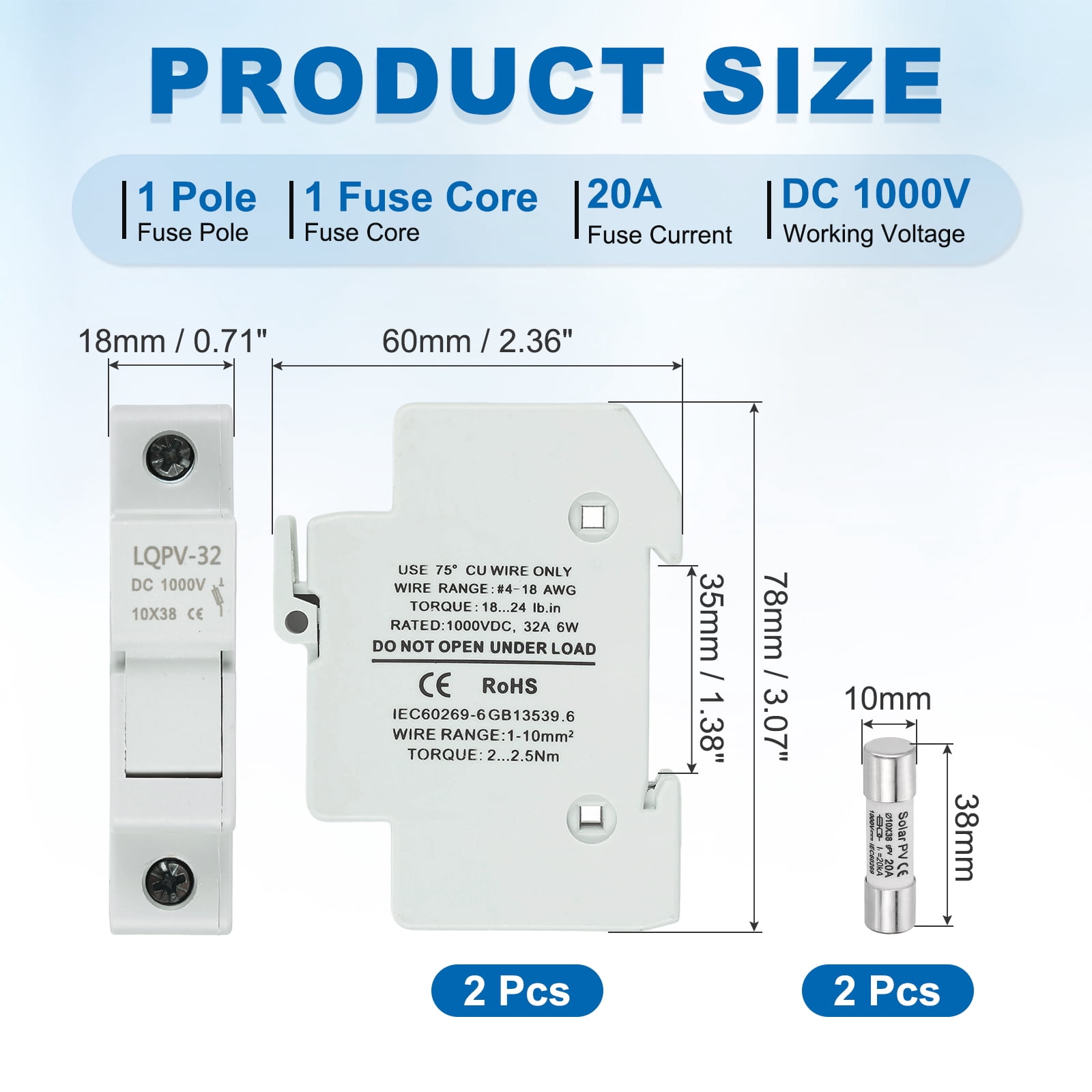 Din Rail Fuse Holder with 1 Core Block,10x38mm DC 1000V 20A Single Pole Solar/ Photovoltaic Fuse Holder 4-18AWG for Solar PV Systems Battery Protect,Pack of 2