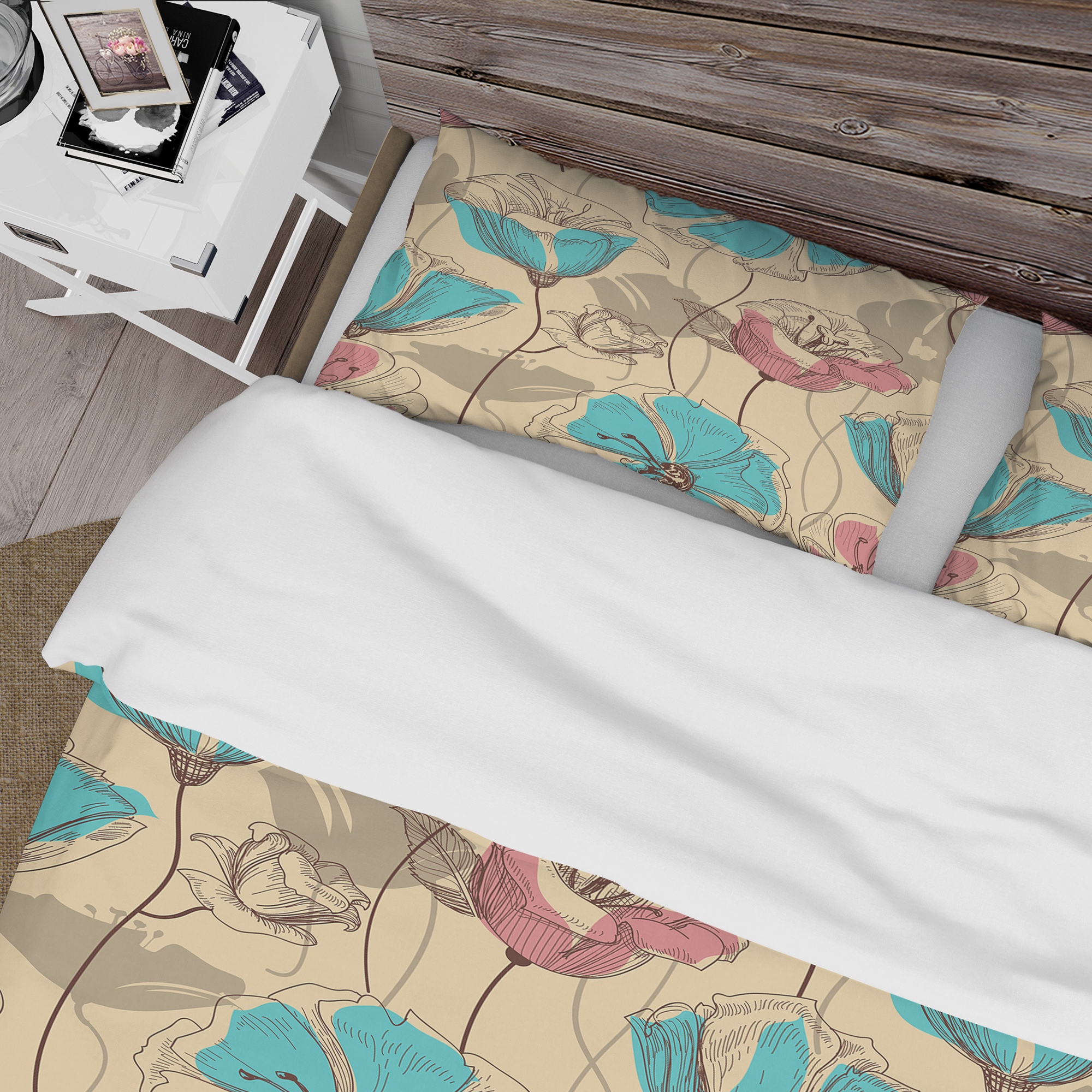 Designart 'Retro Drawing Flowers in Pink and Blue' Floral Duvet Cover Set