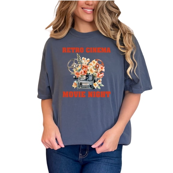 Retro Cinema Movie Night Floral Graphic Tee, Vintage Film Lover Shirt, Movie Night Gift, Floral Camera Design, Unique Gift for Film Buffs, Denim Comfort Colors T-Shirt, Small