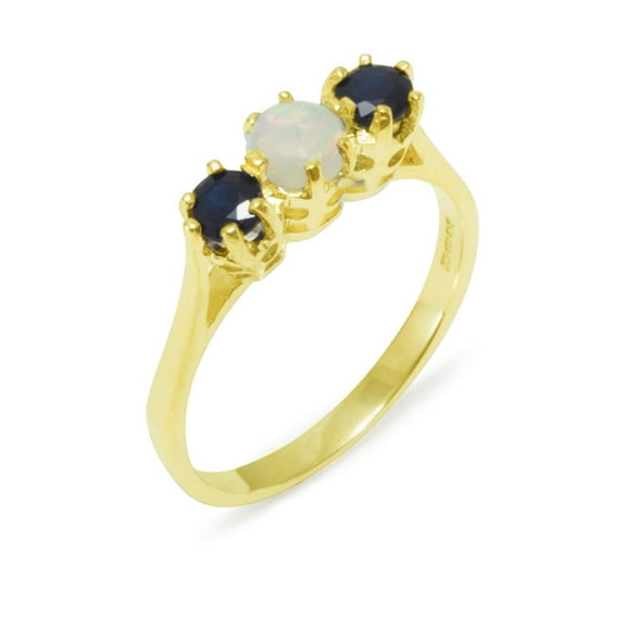 LBG British Made 18k Yellow Gold Natural Opal & Sapphire Womens Anniversary Ring - 33 size options - Size 10