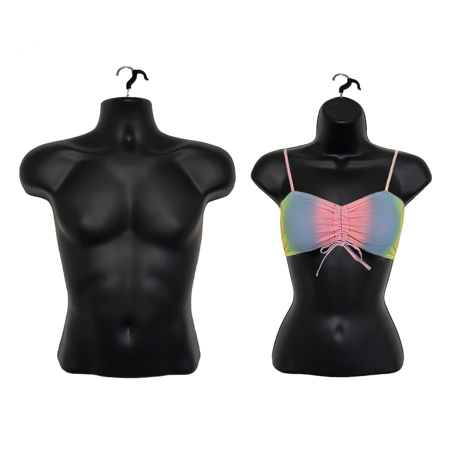 DisplayTown Black Male + Female Mannequin Hollow Back Body Torso Set w/ Metal Stand with Metal Pole & Hanging Hook, S-M Sizes