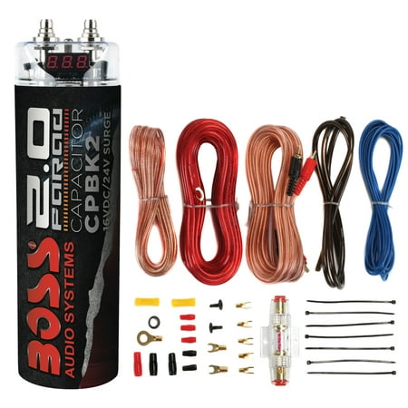 Boss CPBK2 2 Farad Car Digital Voltage Capacitor Power Audio Cap+8 Ga Amp (Best Car Audio Capacitor)