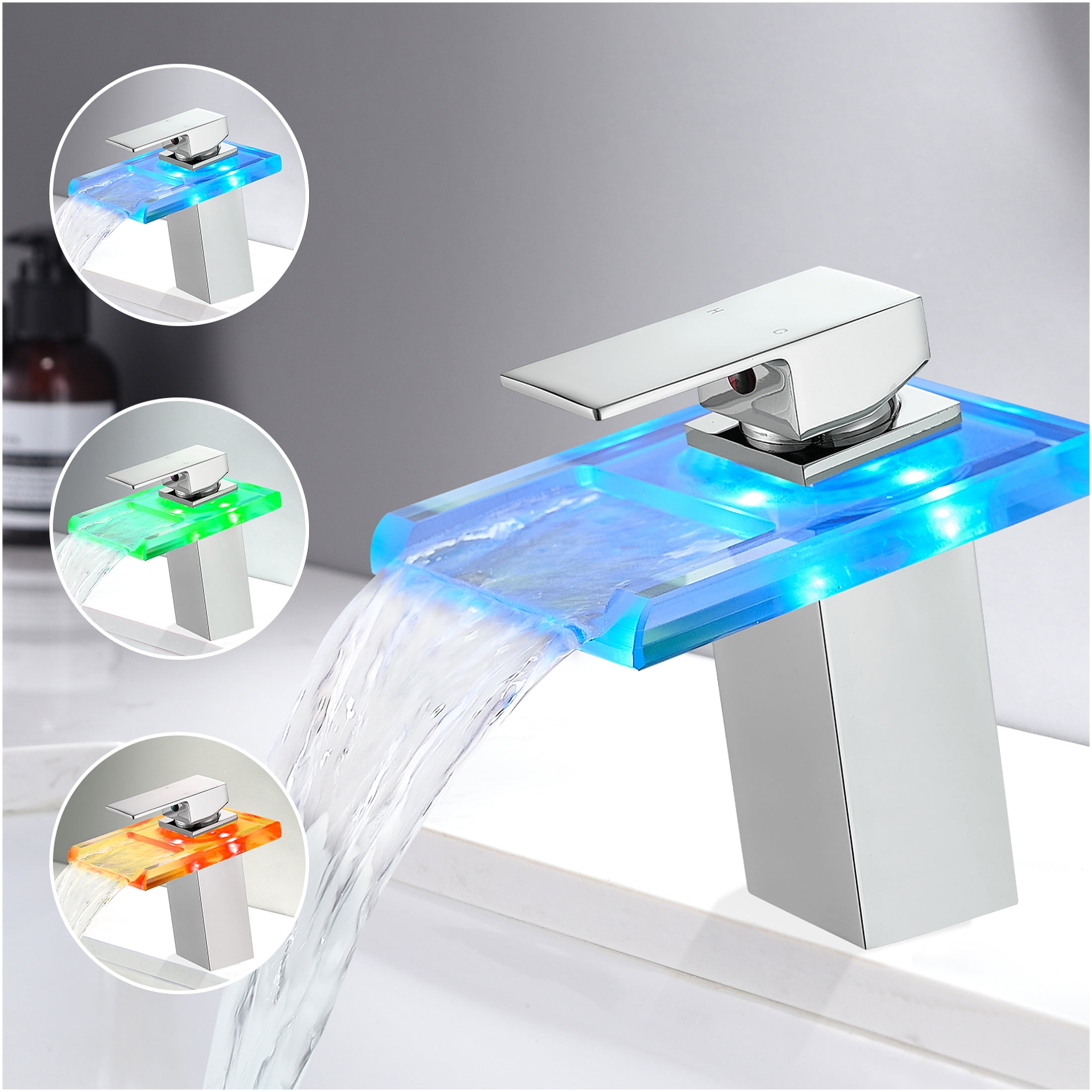 JERFIT Modern Single Hole LED Waterfall Bathroom Sink Faucet, Temperature Sensing Color Changing Light, Deck Mount Brass Vanity Faucet in Chrome